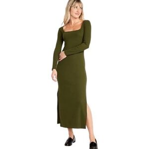 Old Navy Fitted Rib-Knit Square-Neck Midi Dress Conifer Green SZ L